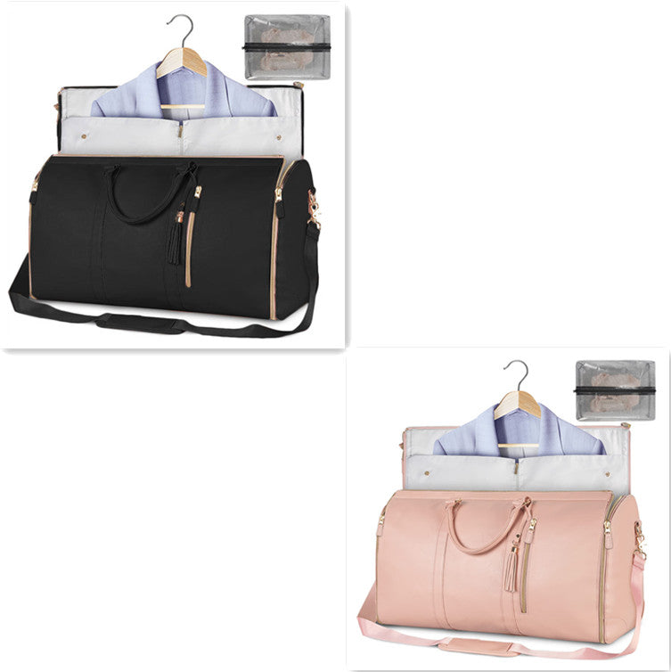 Set of two travel duffle bags: black and pink, each with hanging garment organizer and zip pockets