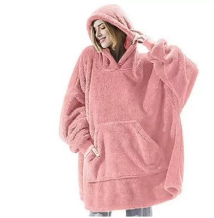 Pink hooded fleece sweatshirt with front pouch pocket, loose fit