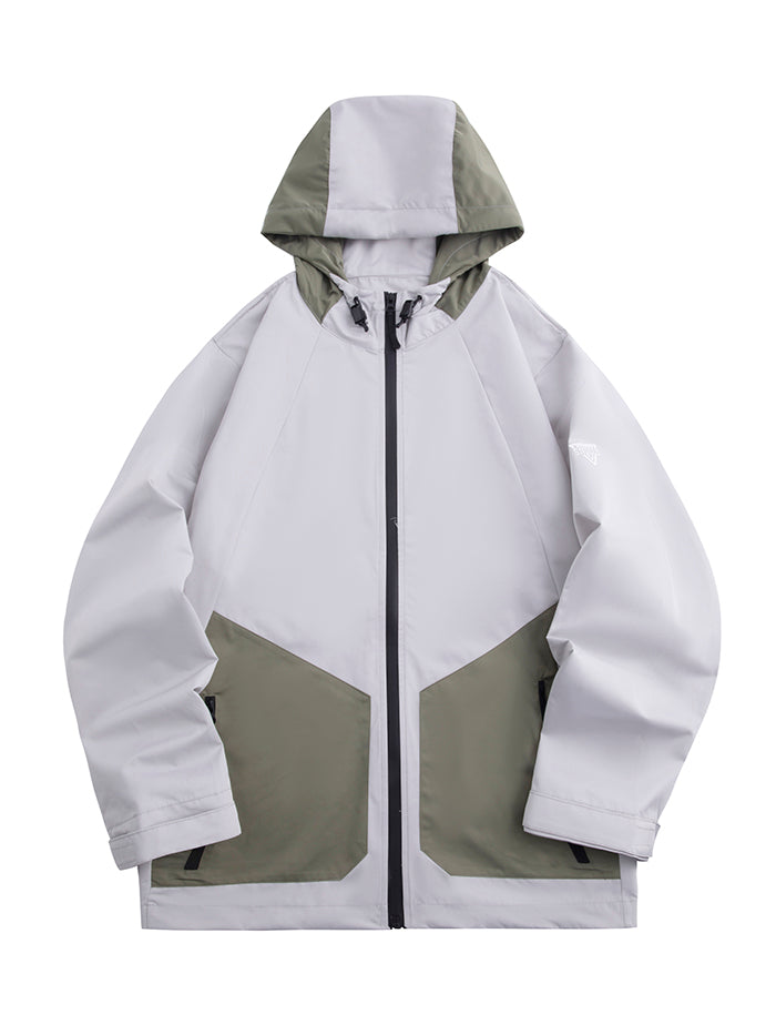 Hooded assault suit jacket in white with military green front panels and black zipper