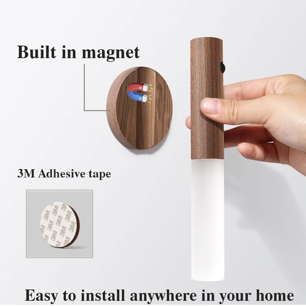 Wood magnetic night light with adhesive strip mount and white light tube