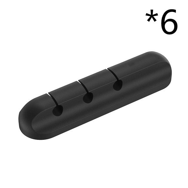 Silicone cable organizer strip with 6 clip slots for wired cables, black