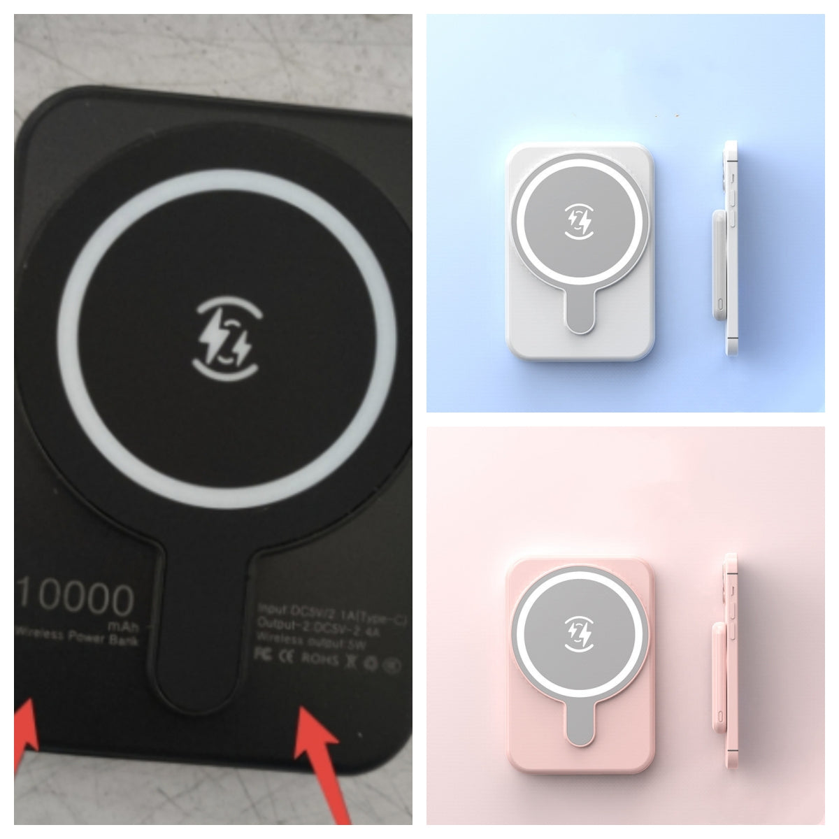 Mini magnetic wireless power bank set, black close-up plus white and pink with charging puck.