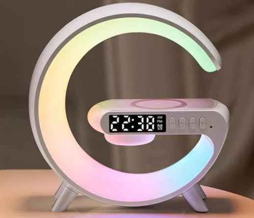 Wood LED lamp with glowing ring and digital display strip