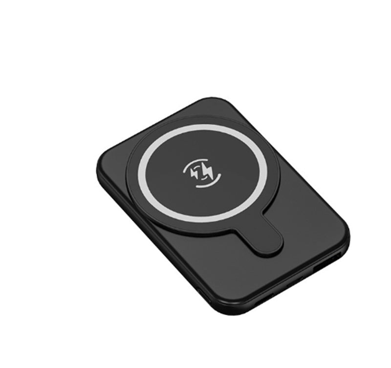 Black magnetic wireless power bank with circular charging icon