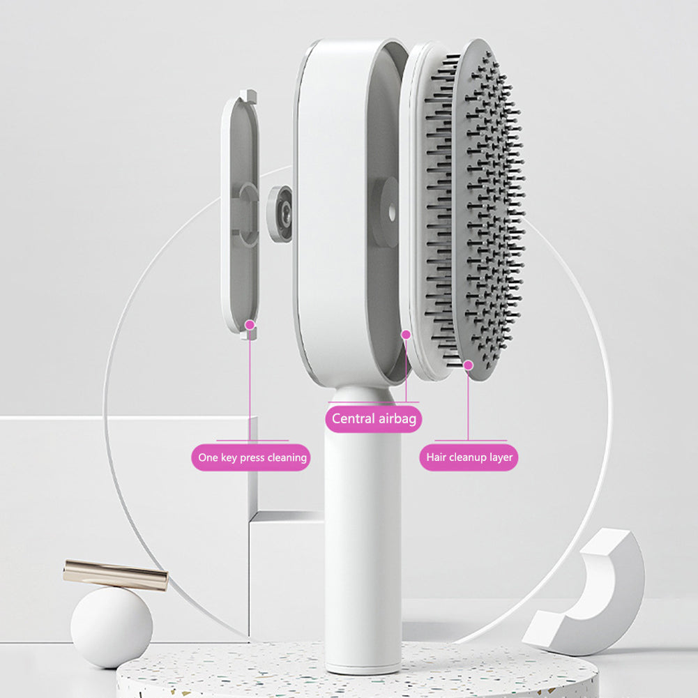 Self-cleaning hair brush with white oval cleaning head and central white base
