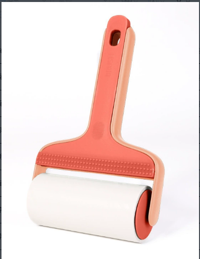Pink hair adhesive tape applicator roller with curved handle and white tape pad