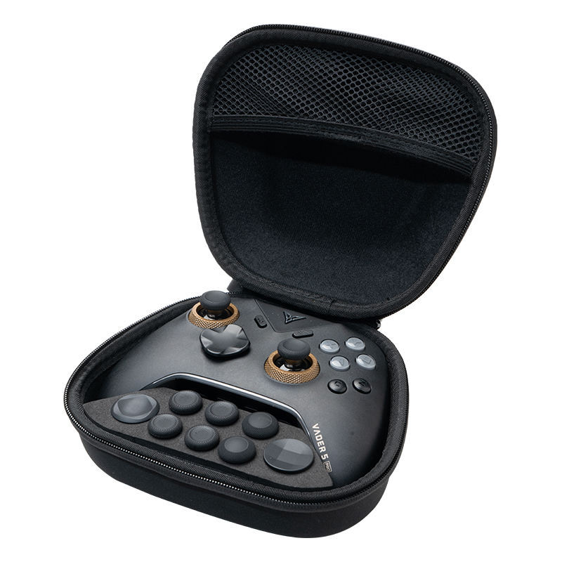 Game controller storage case with a dark controller, thumbsticks and button grid