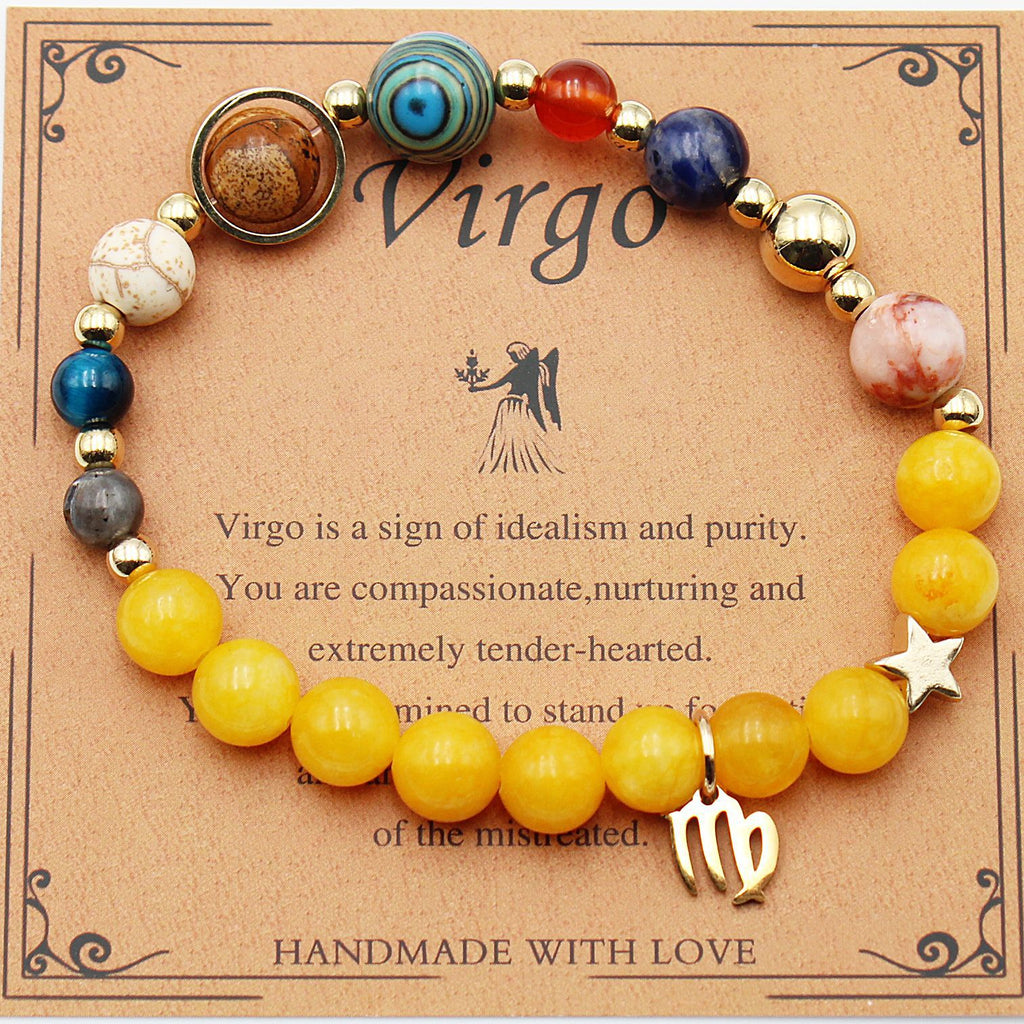 Virgo zodiac beaded bracelet with yellow beads, multicolor beads, and gold Virgo charm