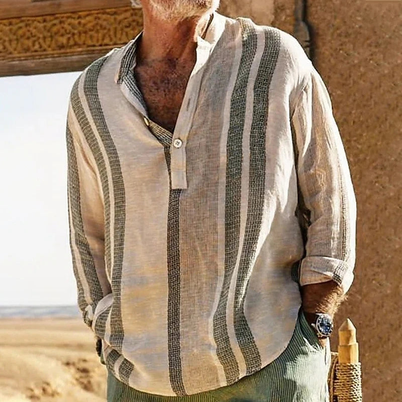 Men's striped stand-collar slub linen casual shirt in light khaki with dark vertical stripes