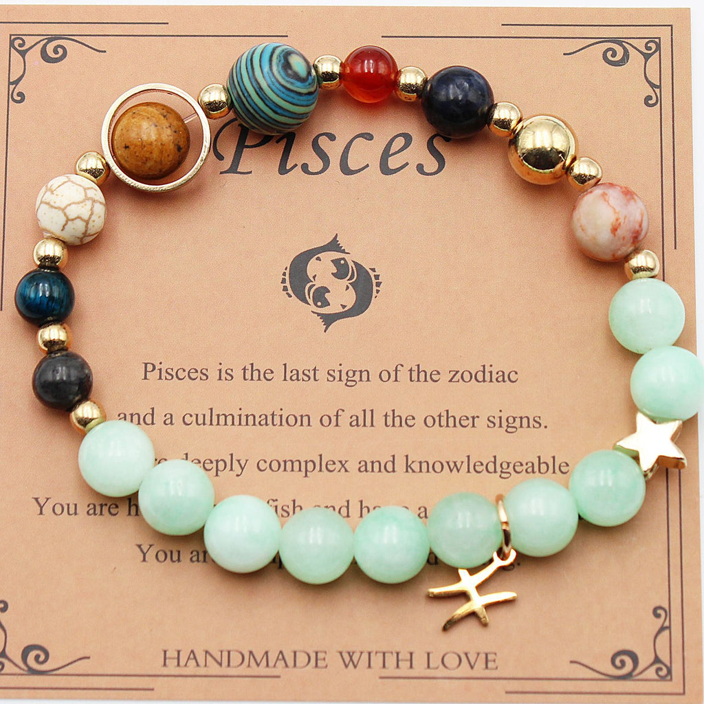 Pisces zodiac beaded bracelet with light green beads and gold star charm