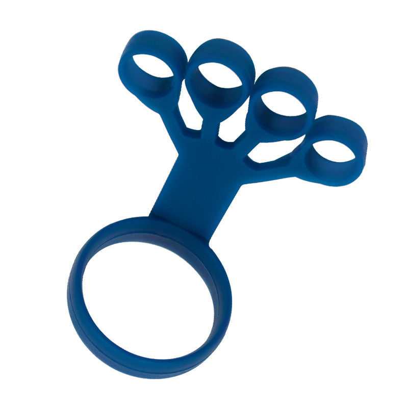 Silicone finger exercise stretcher with four finger loops and large hand ring, blue