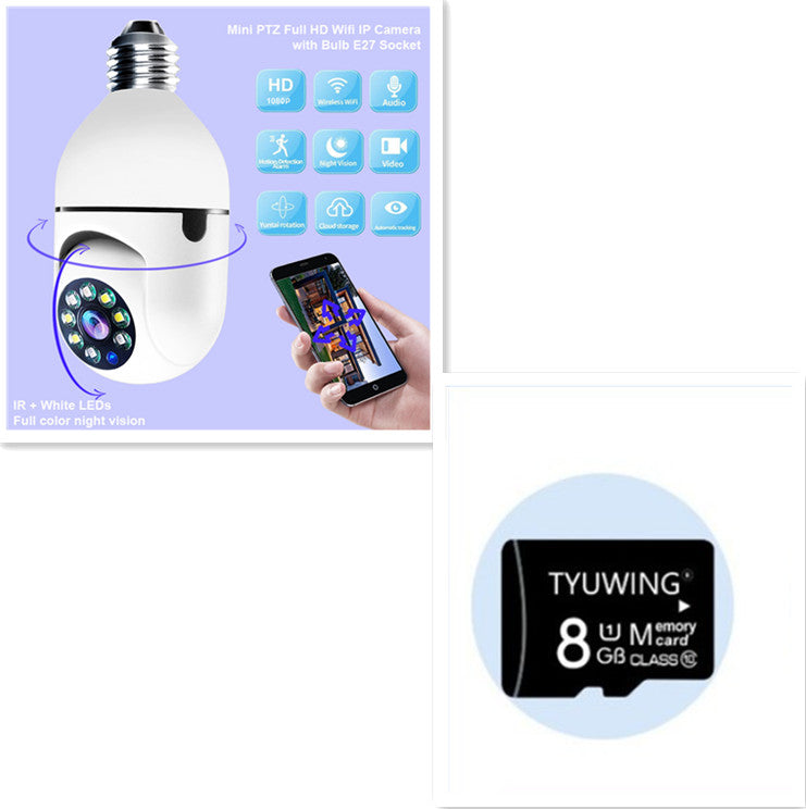 WiFi bulb security camera kit shown with smartphone app screen