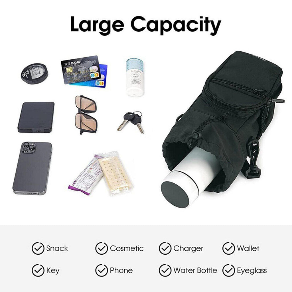 Black bottle pouch with zipper pockets, showing contents for day bag use
