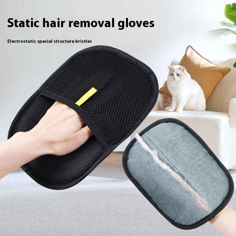 Black pet hair removal glove mitt and gray bristle side with yellow tab, shown together