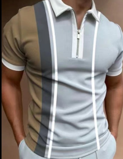 Men’s polo shirt in white with vertical gray stripes; short sleeves, zip neck, contrast collar.