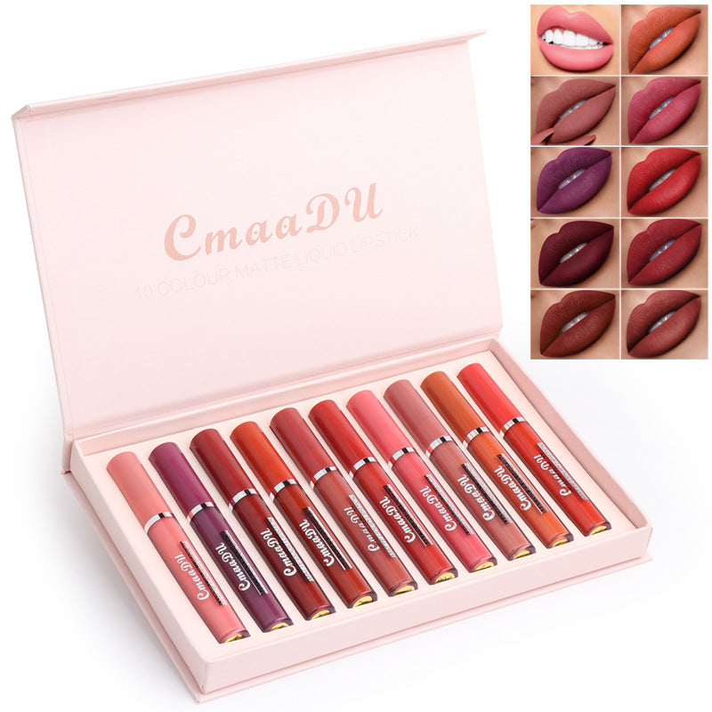 Matte waterproof lipstick set in open case with multiple tube shades