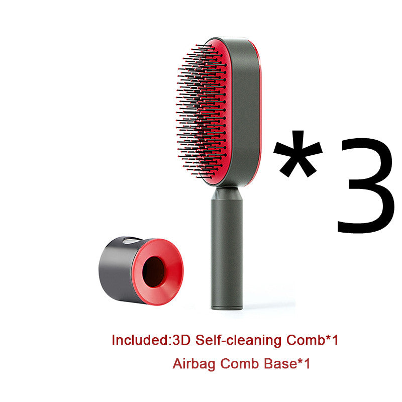 Self-cleaning airbag hair brush with red bristle head and gray handle, with base