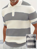 Men's short-sleeve striped polo knit sweater in cream and gray horizontal bands