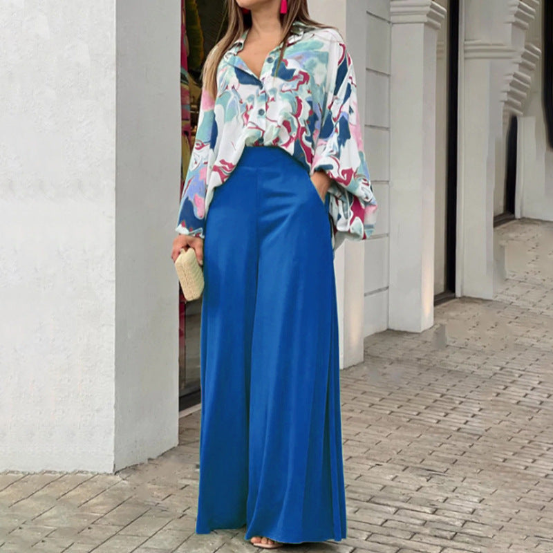 Printed shirt top and wide-leg pants set, blue wide-leg pants