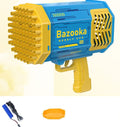 Blue bubble gun toy with 69-hole barrel and trigger, yellow accents