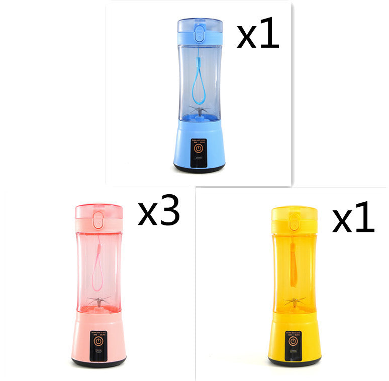 Portable mini blender set with blue, pink, and yellow clear cups and black bases