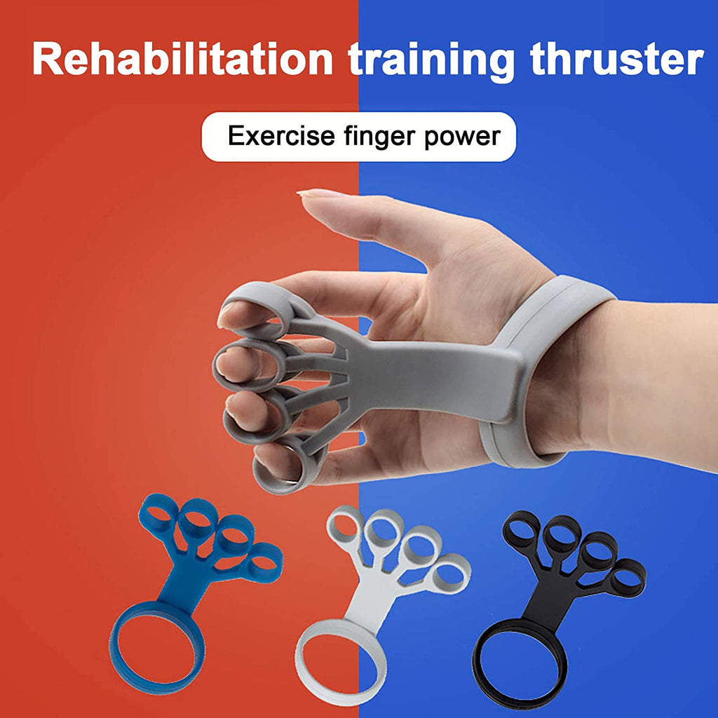 Silicone finger stretcher on hand with gray loop band for finger stretching exercises