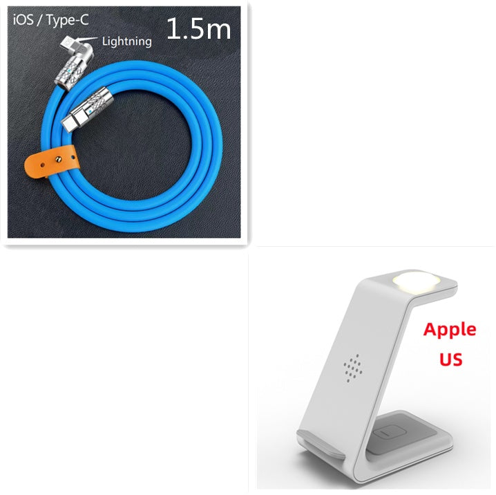 Wireless charger stand with glowing pad and 1.5m iOS Lightning to Type-C cable, blue cord.