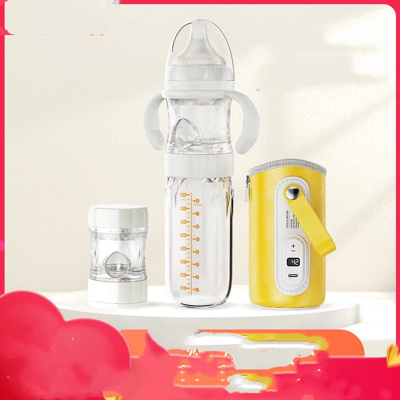 Milk bottle set with clear bottle, small bottle, and yellow warming unit with display