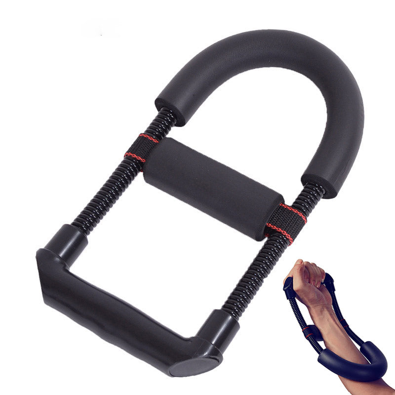 Black adjustable wrist forearm grip trainer with padded U handle and spring coils