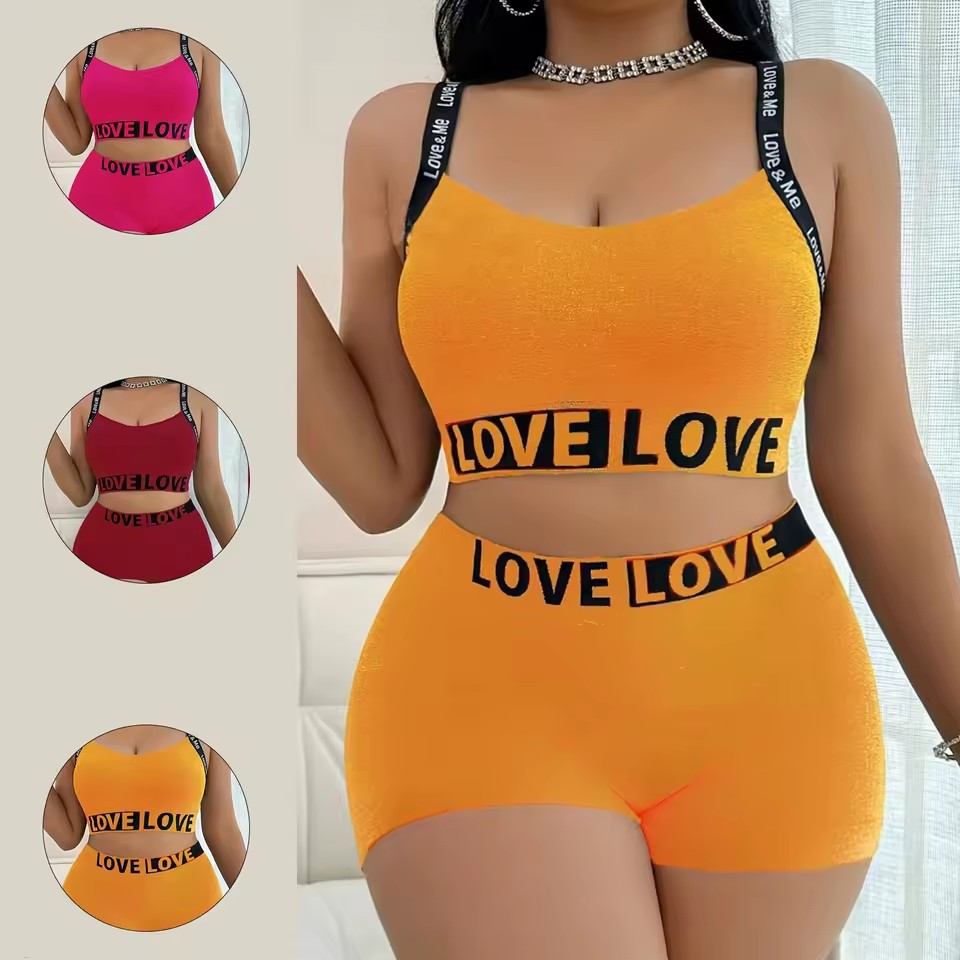 Camisole bra set in orange yellow with LOVE LOVE letter band and shorts set
