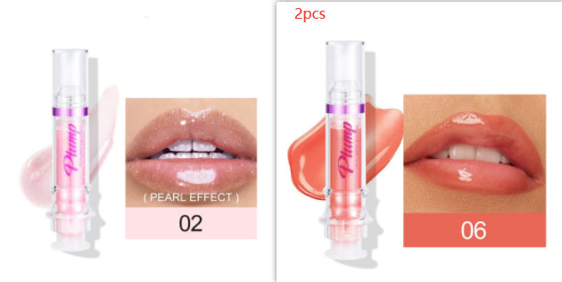 Pearl lip gloss set, coral-tinted tube, glossy lips in swatch