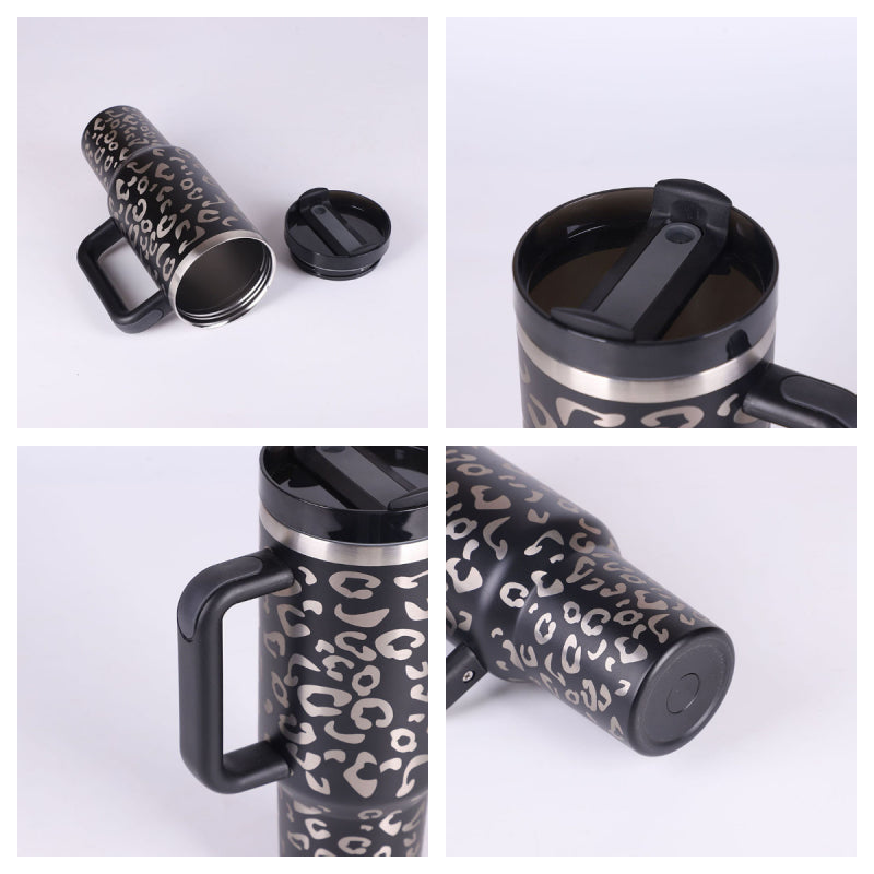 Black leopard-print insulated tumbler with handle, straw, and removable lid piece