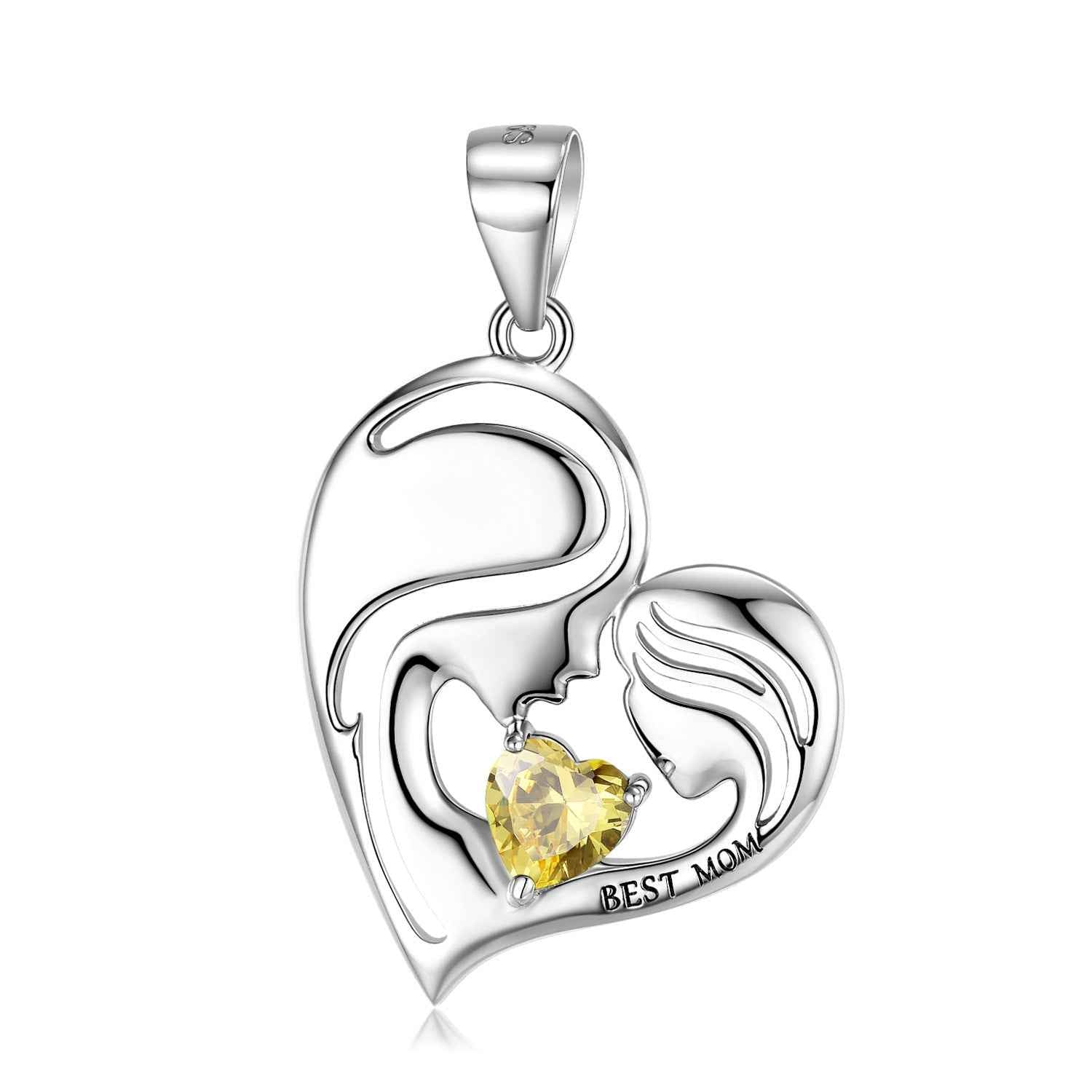 S925 sterling silver heart pendant with yellow crystal and Best Mom engraving
