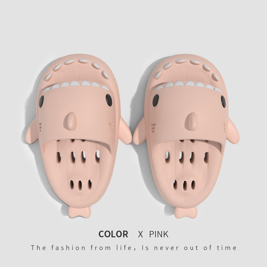Shark EVA shower slides with drain holes, pink cartoon design