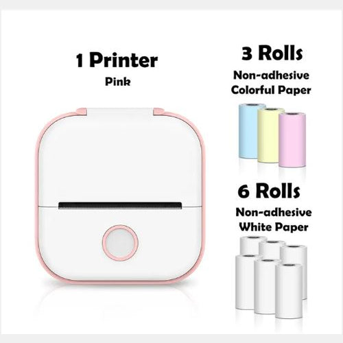 Pink mini label printer with non-adhesive colorful and white paper rolls