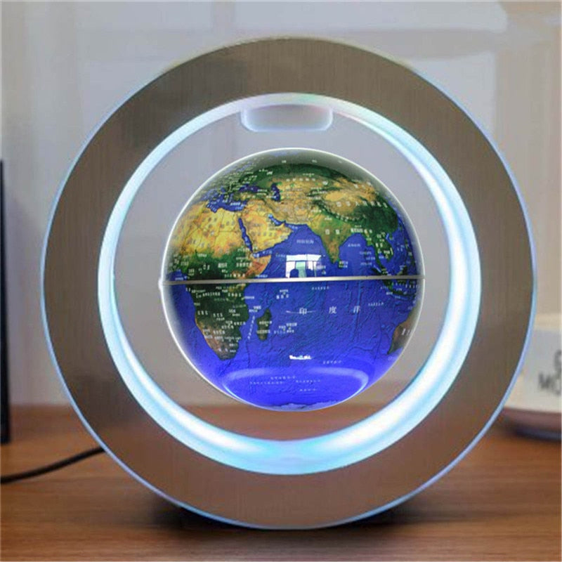 LED floating world map globe with blue oceans and colored land, circular light ring and base