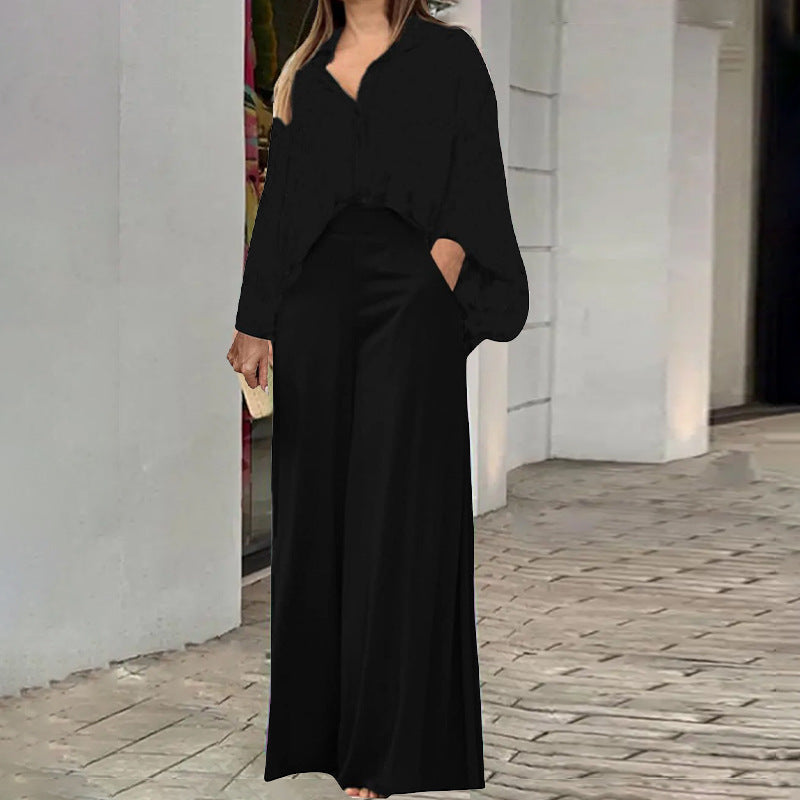 Solid black shirt top and wide-leg pants set, black long sleeves and flowing pants