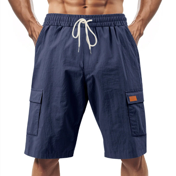 Dark blue linen drawstring cargo shorts, elastic waistband, side cargo pockets