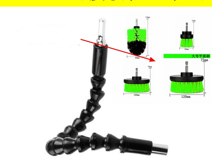 Electric drill cleaning brush attachment with green bristle head and black connector