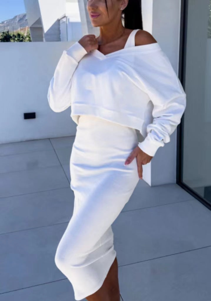 Two-piece midi dress set in white, long-sleeve V-neck pullover and fitted sleeveless pencil dress