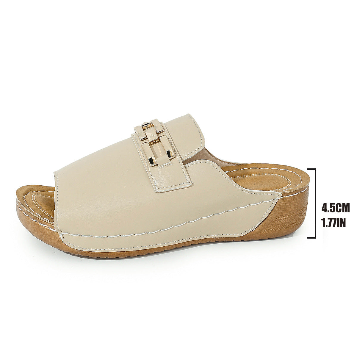 Ivory peep-toe wedge mules with gold metal buckle and stitched platform sole