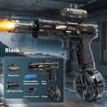Black electric water gun with clear water drum and launcher barrel detail