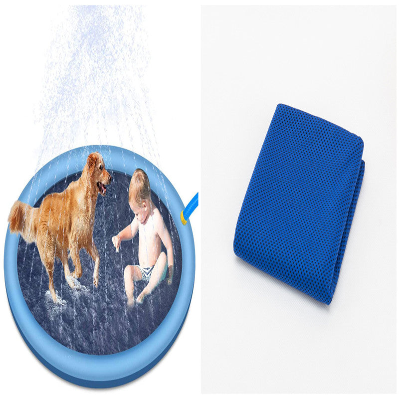 Blue inflatable splash pad with sprinkler jets and matching blue ground mat
