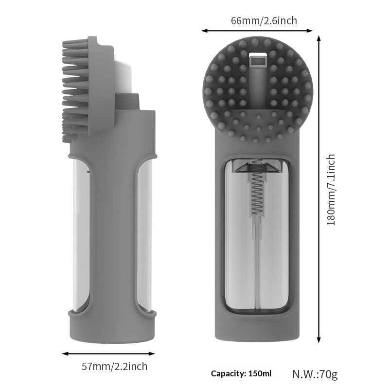 Pet bath brush size diagram showing gray silicone bristle head and dispenser body