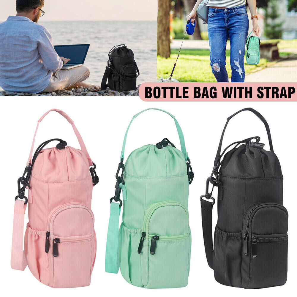 Bottle pouch with strap in pink, mint green, and black, shown side by side