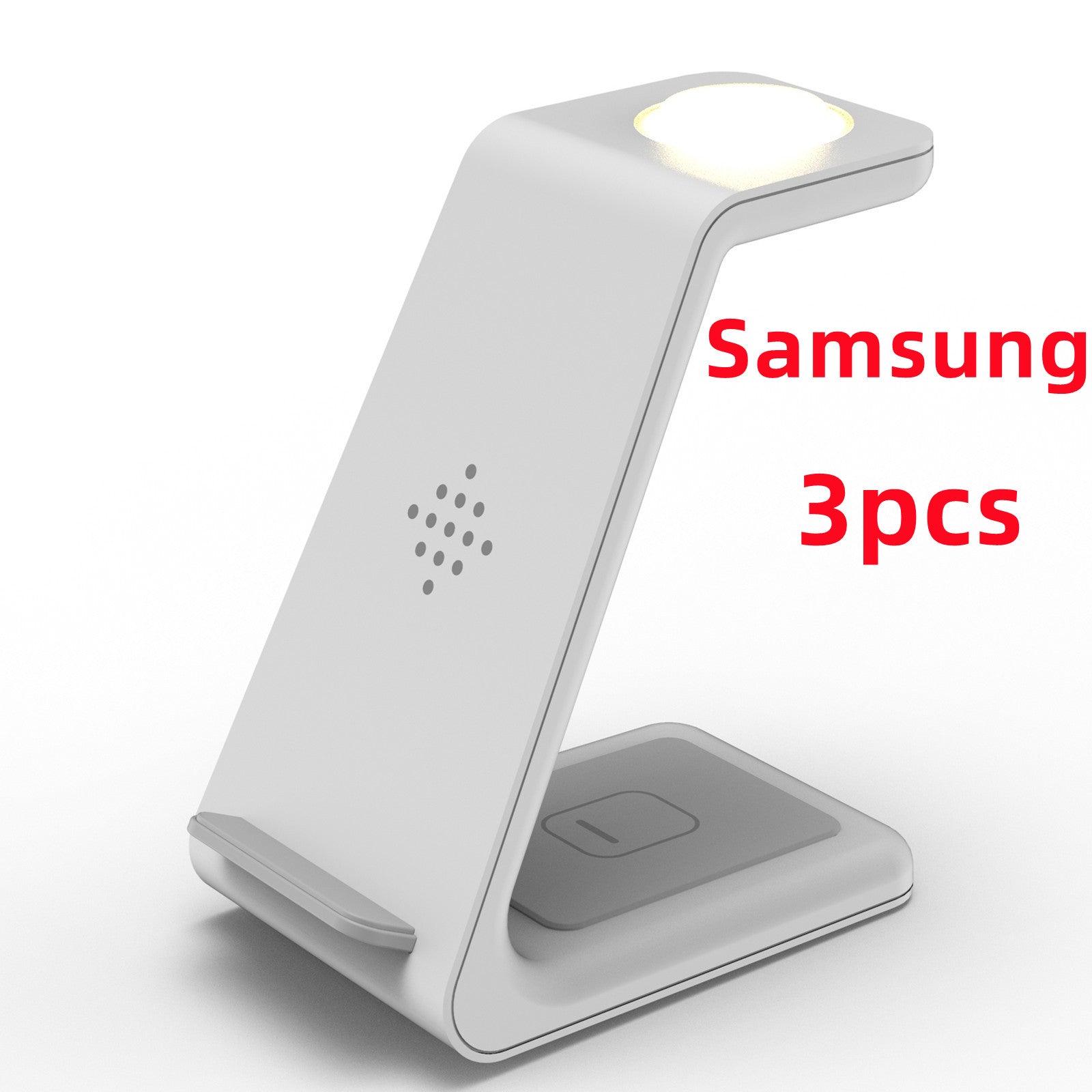 White wireless charging stand with slim angled dock and top charging light