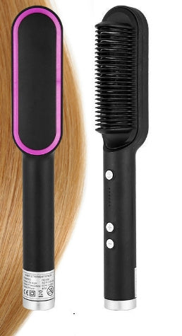 Black heated curling tong with pink frame and hot comb brush, next to hair