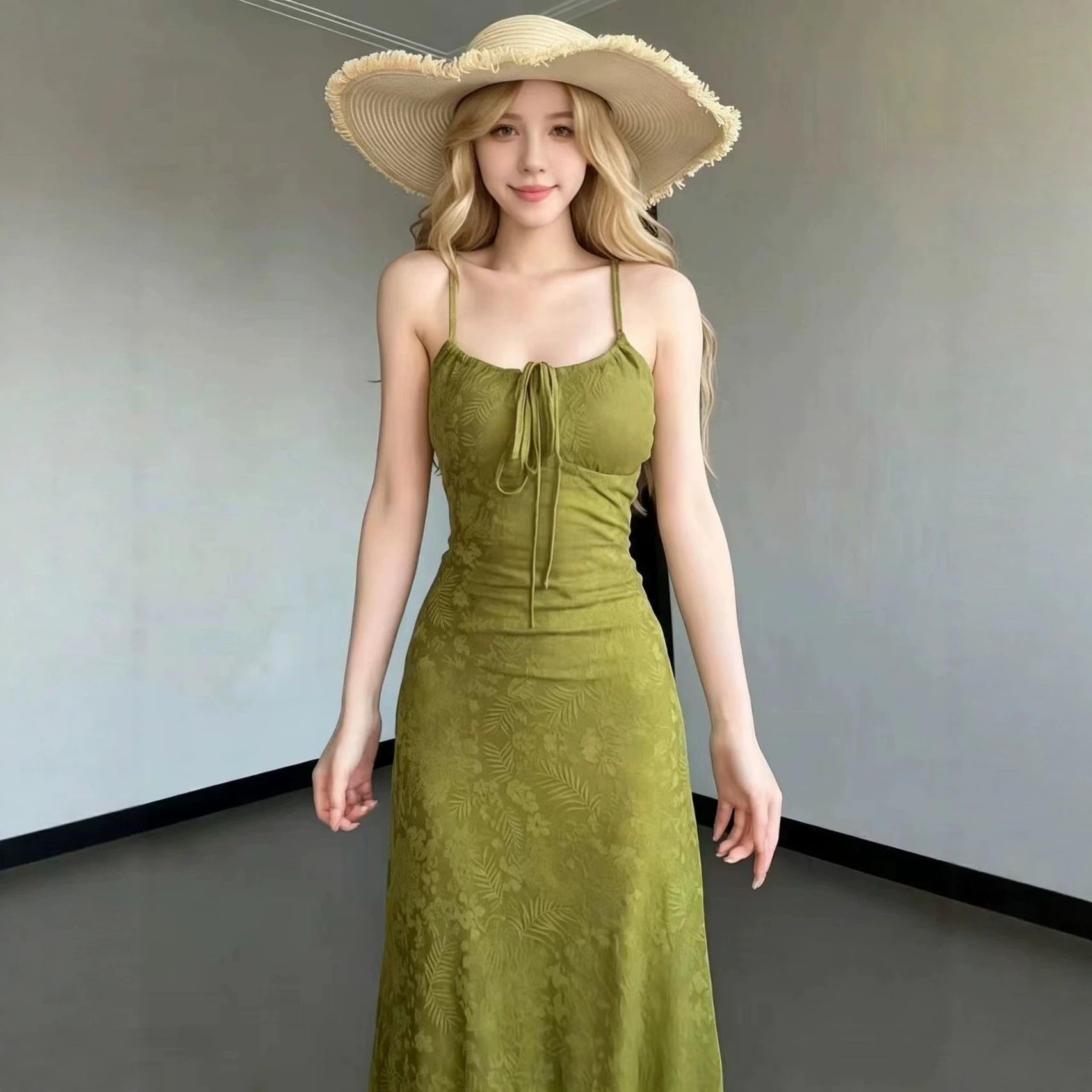 Green maxi strap dress with ruched bust and built-in padded bra, square neck
