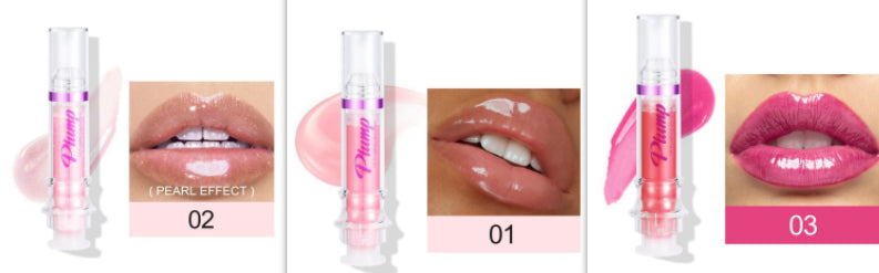 Liquid lip gloss with clear tube and pink label; lip swatches show 02, 01, 03.