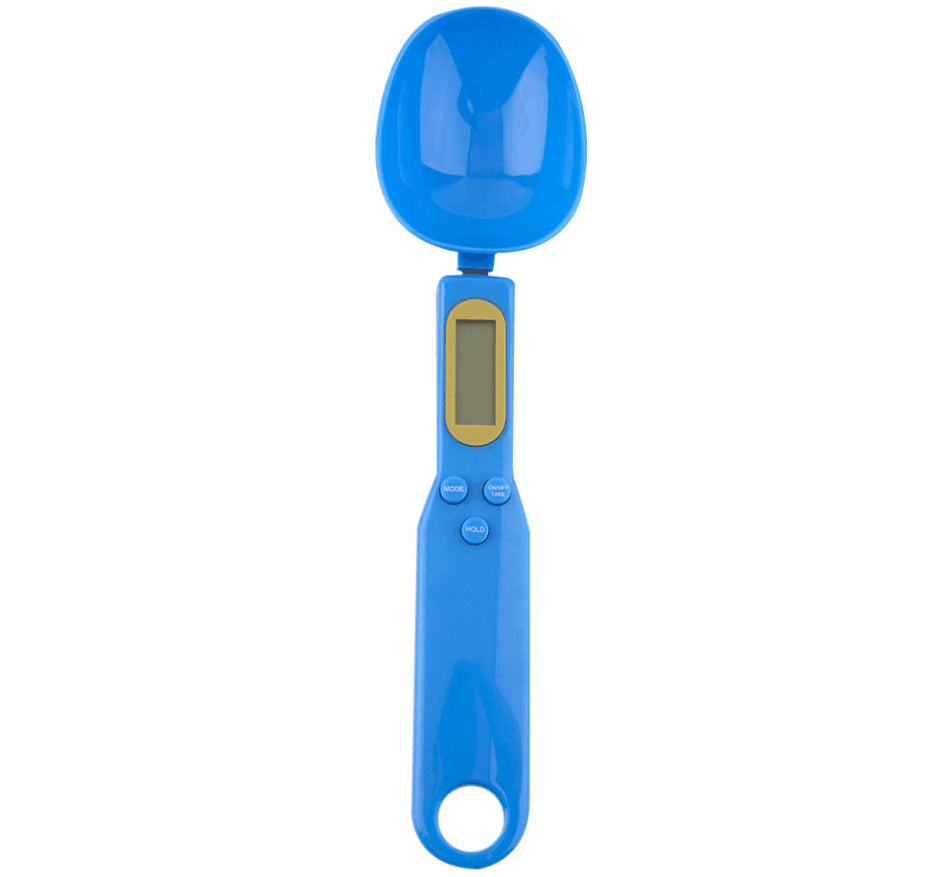 Blue measuring spoon scale with round spoon and LCD display.